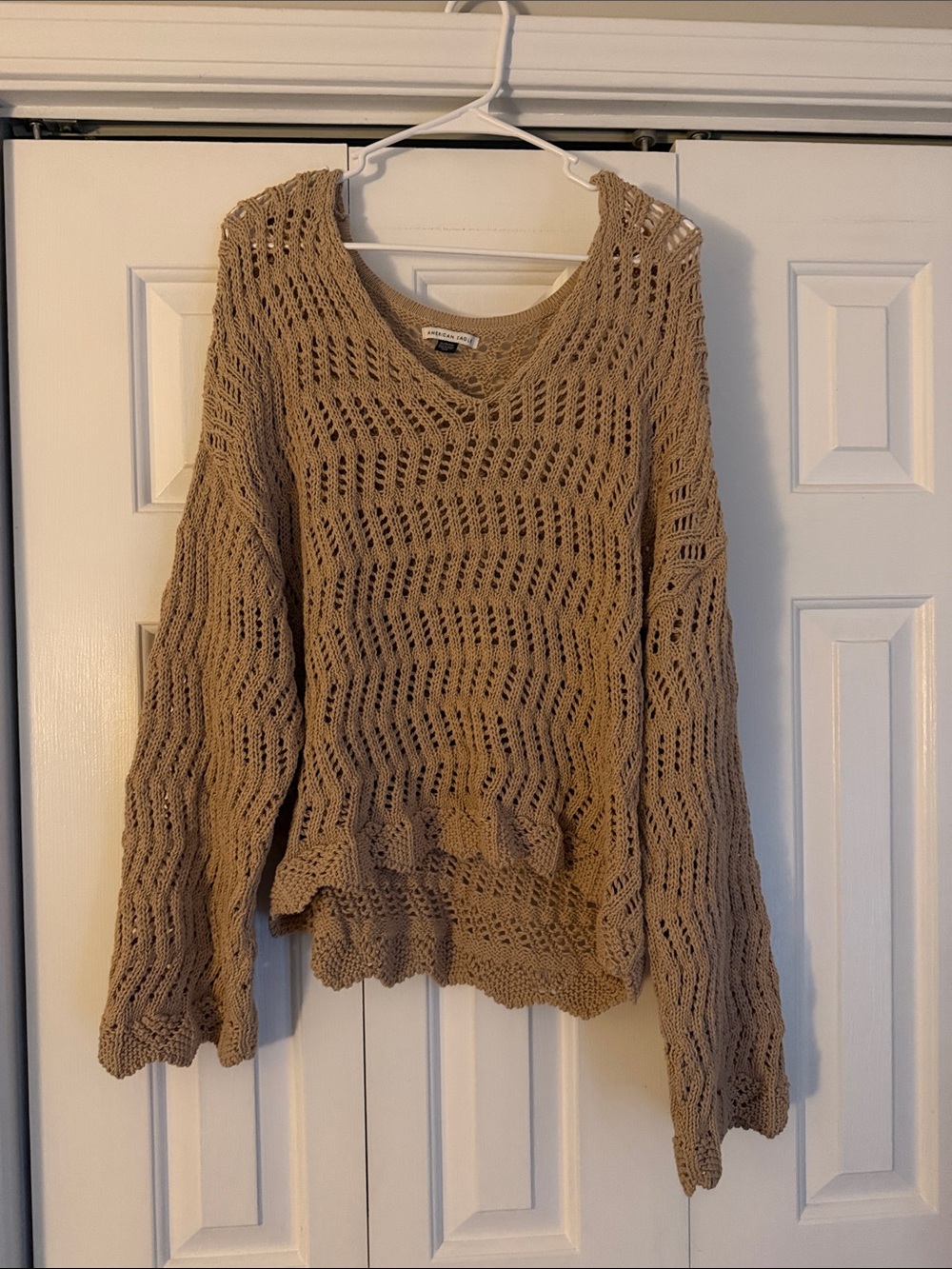 American Eagle Outfitters Open-Knit V-Neck Sweater - Tan